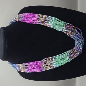 Women's Necklace Multi Color 21 Strand Ombre Glass Bugle Tube Seed Beads Jewelry